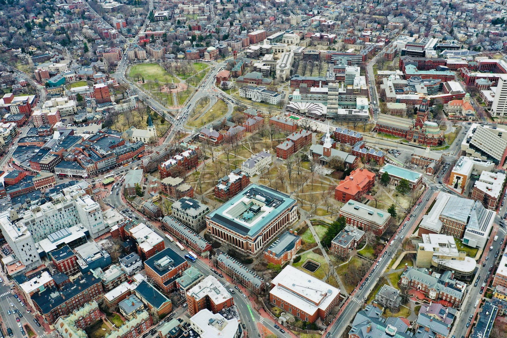 Drone view of Harvard Yard in Cambridge